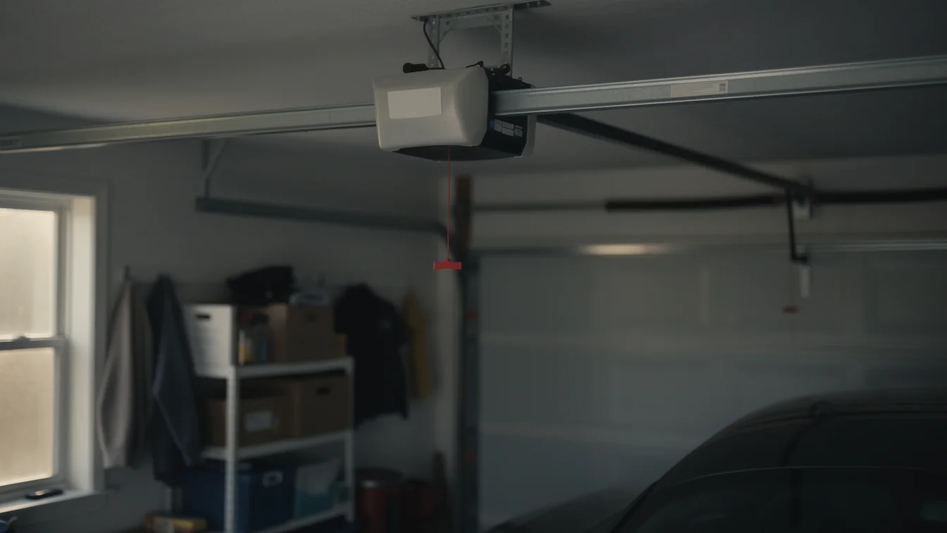 A garage door opener is mounted on the ceiling of a garage.