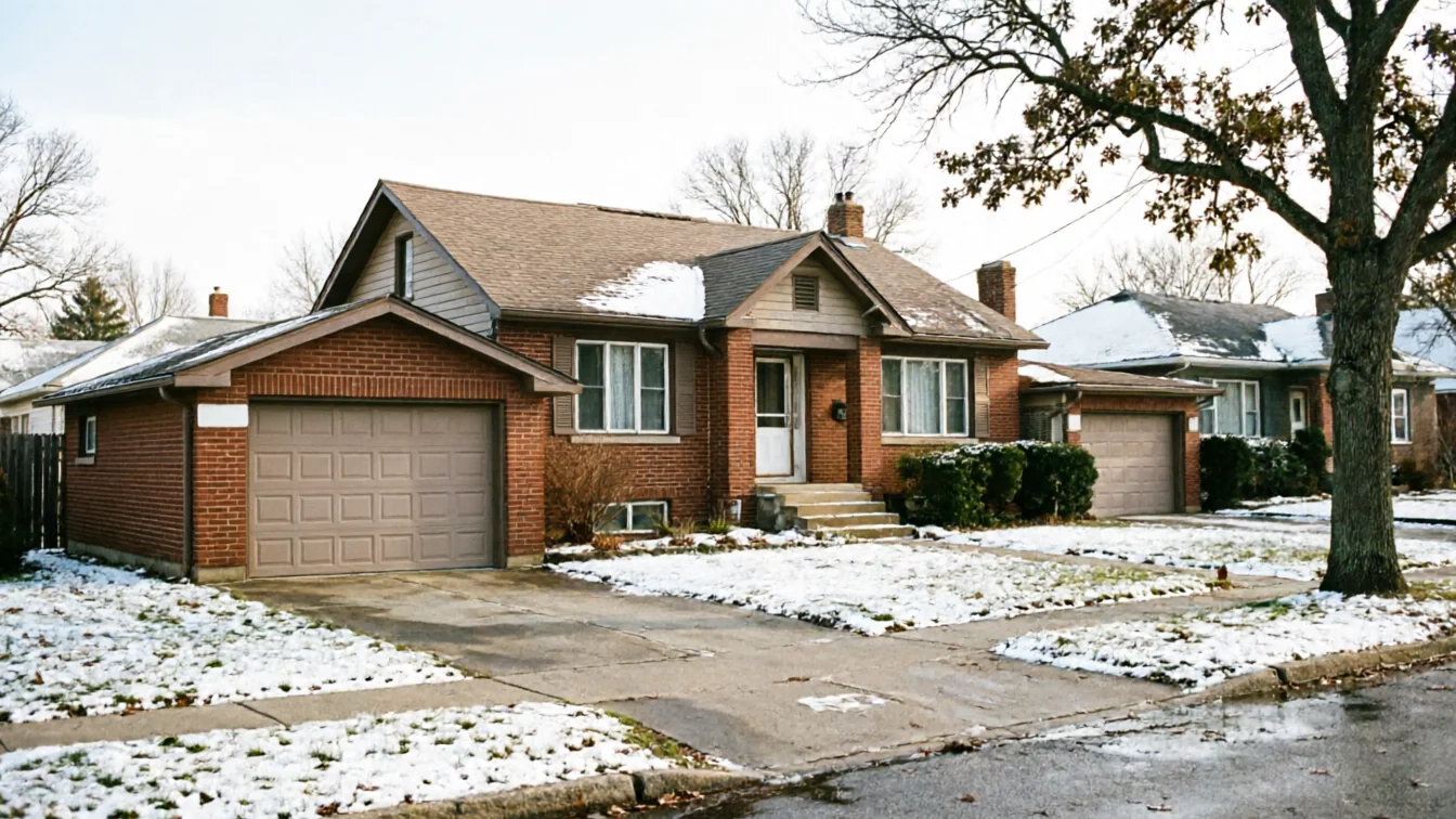 A brick house with a brown garage door and a snowy lawn.