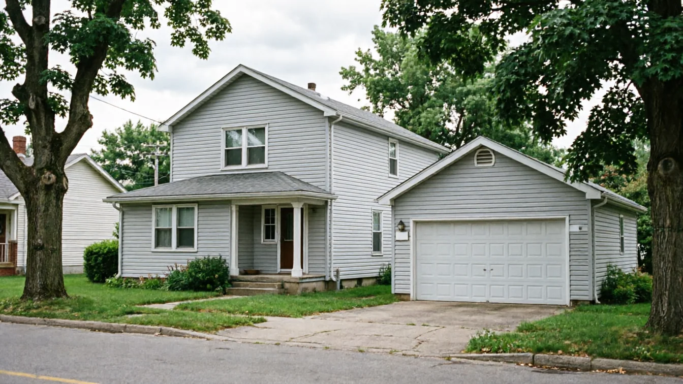 A light gray house with a white garage door stands next to a street.